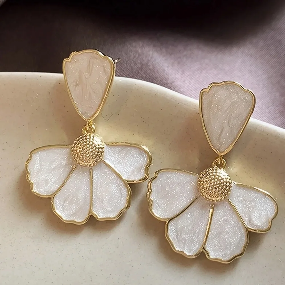 Gold Cream Floral Statement Earrings. Korean Style Layered Petal Dangle Earrings
